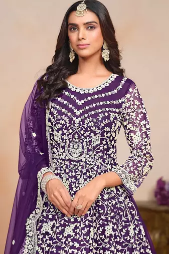 Purple net embroidery & sequins semi stitched suit size up to 42