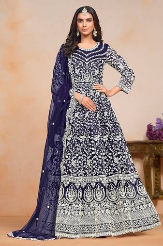 Blue net embroidery & sequins semi stitched suit size up to 42