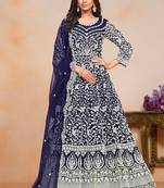 Blue net embroidery & sequins semi stitched suit size up to 42