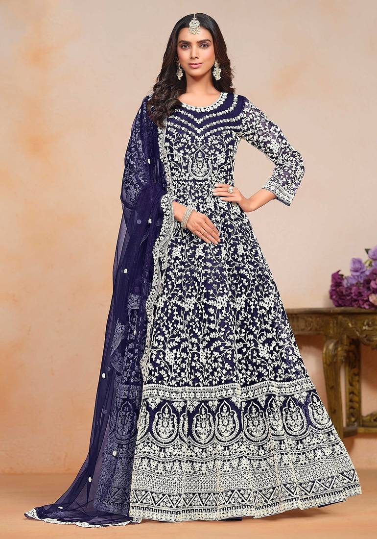 Blue net embroidery & sequins semi stitched suit size up to 42