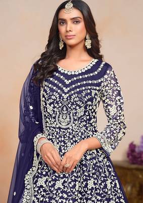 Blue net embroidery & sequins semi stitched suit size up to 42 2