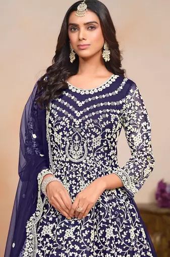 Blue net embroidery & sequins semi stitched suit size up to 42