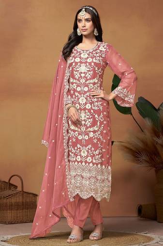 Rose gold organza embroidery & sequins semi stitched suit size up to 42