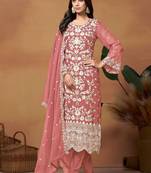 Rose gold organza embroidery & sequins semi stitched suit size up to 42