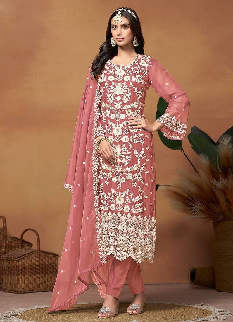 Rose gold organza embroidery & sequins semi stitched suit size up to 42