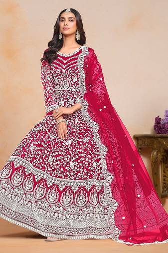 Pink net embroidery & sequins semi stitched suit size up to 42