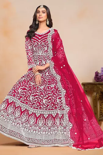 Pink net embroidery & sequins semi stitched suit size up to 42