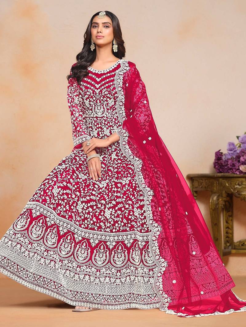 Pink net embroidery & sequins semi stitched suit size up to 42