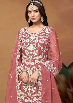 Rose gold organza embroidery & sequins semi stitched suit size up to 42 2