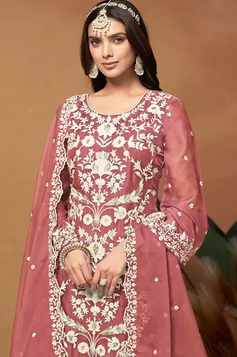 Rose gold organza embroidery & sequins semi stitched suit size up to 42