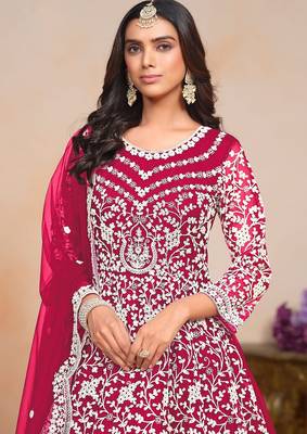 Pink net embroidery & sequins semi stitched suit size up to 42 2