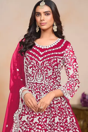 Pink net embroidery & sequins semi stitched suit size up to 42