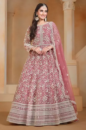 Pink net embroidery & sequins semi stitched suit size up to 42