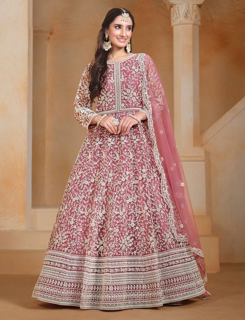 Pink net embroidery & sequins semi stitched suit size up to 42