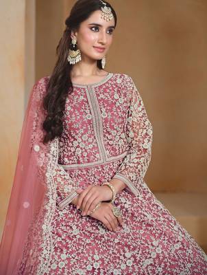 Pink net embroidery & sequins semi stitched suit size up to 42 2