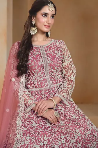 Pink net embroidery & sequins semi stitched suit size up to 42