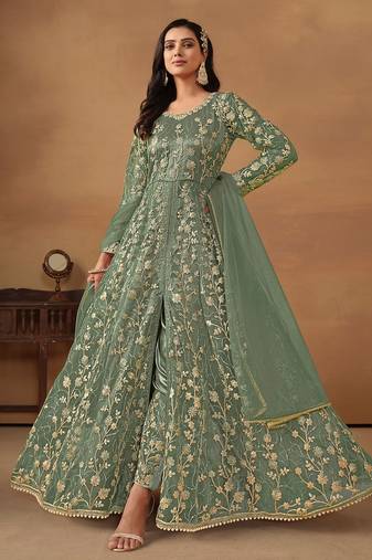 Pista green net embroidered & sequins semi stitched suit size up to 42