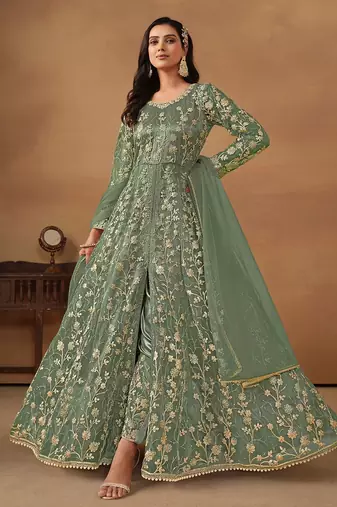 Pista green net embroidered & sequins semi stitched suit size up to 42