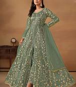 Pista green net embroidered & sequins semi stitched suit size up to 42