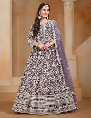Purple net embroidery & sequins semi stitched suit size up to 42 1