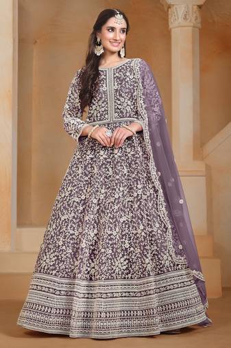 Purple net embroidery & sequins semi stitched suit size up to 42
