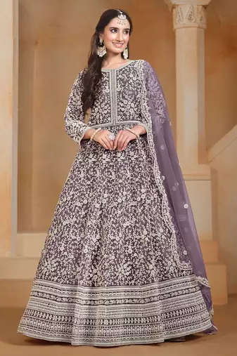 Purple net embroidery & sequins semi stitched suit size up to 42