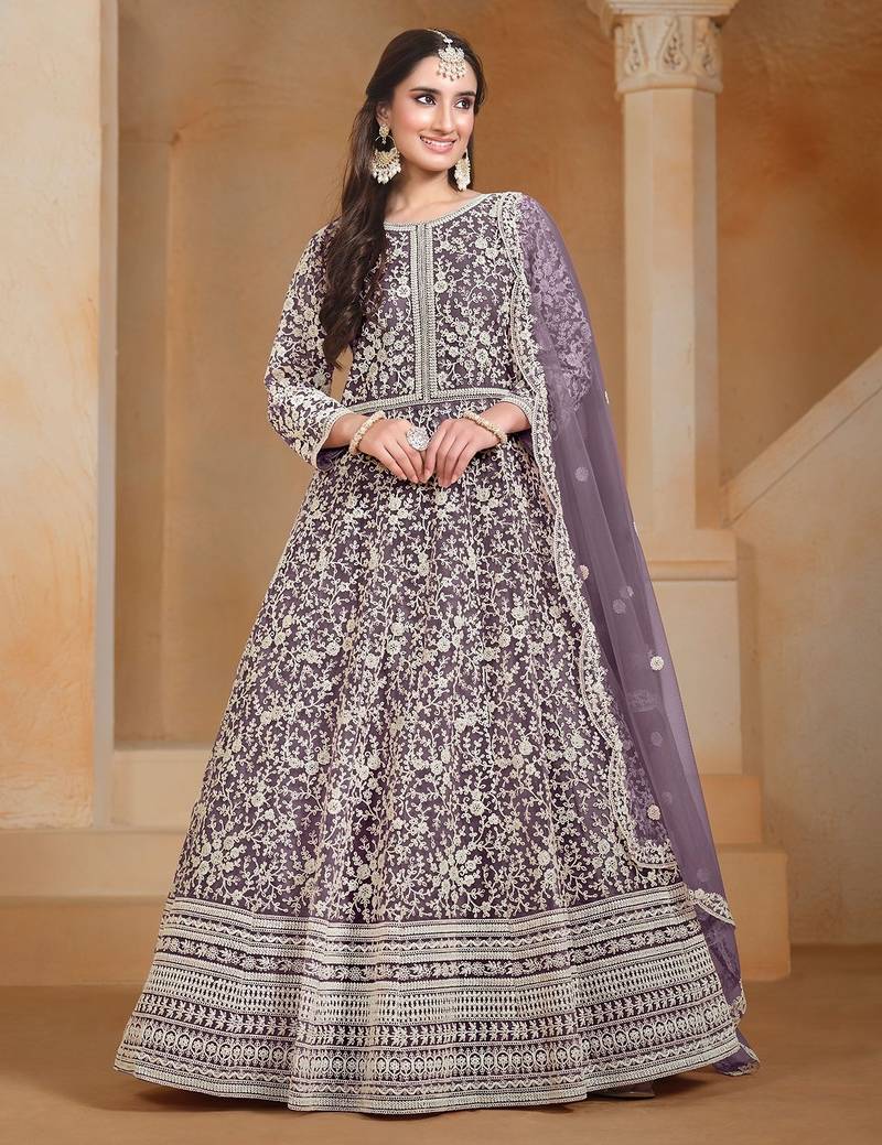 Purple net embroidery & sequins semi stitched suit size up to 42