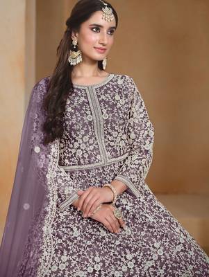 Purple net embroidery & sequins semi stitched suit size up to 42 2
