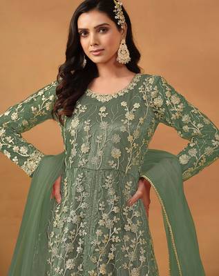 Pista green net embroidered & sequins semi stitched suit size up to 42 2