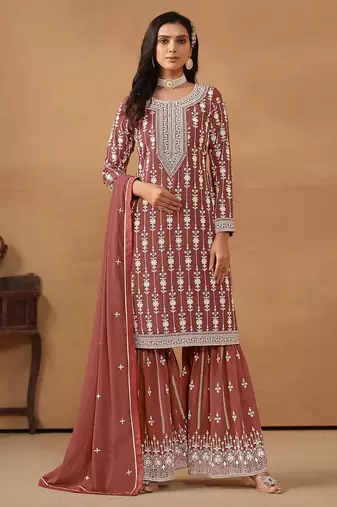 Rose gold georgette embroidery & sequins semi stitched suit size up to 42