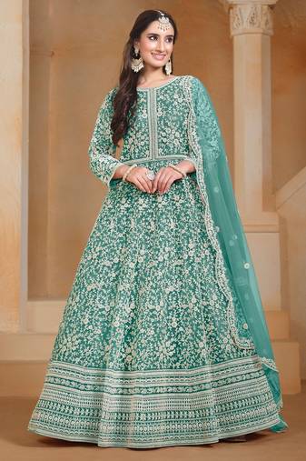 Turquoise net embroidery & sequins semi stitched suit size up to 42