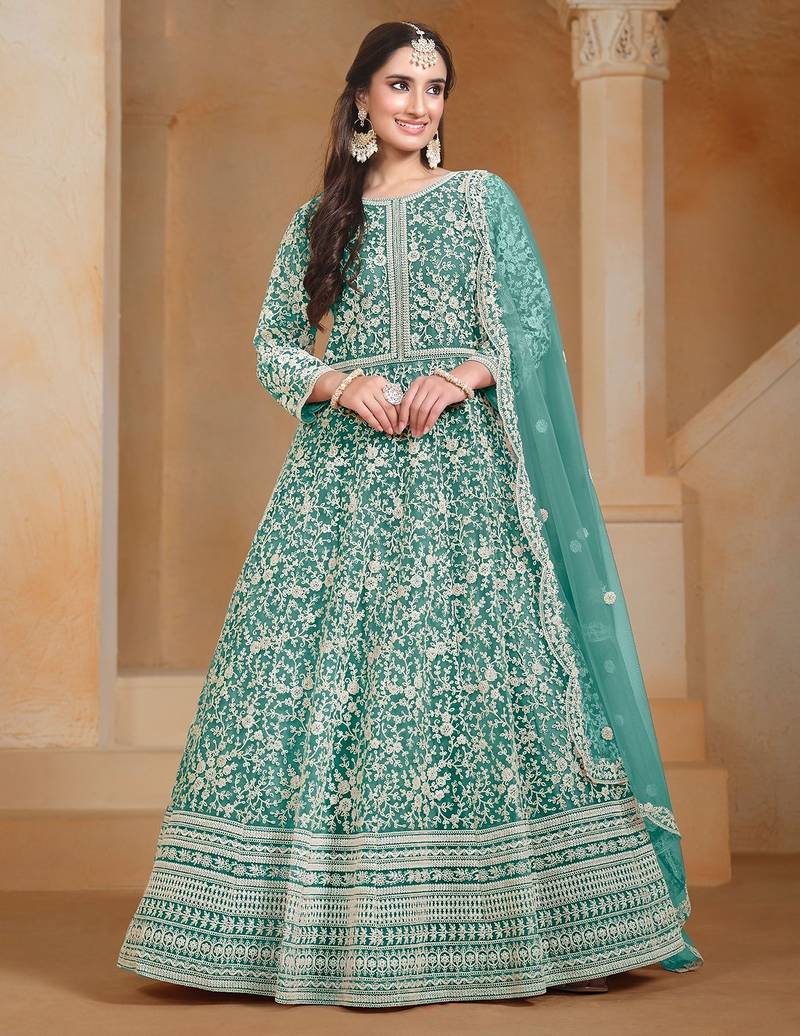 Turquoise net embroidery & sequins semi stitched suit size up to 42