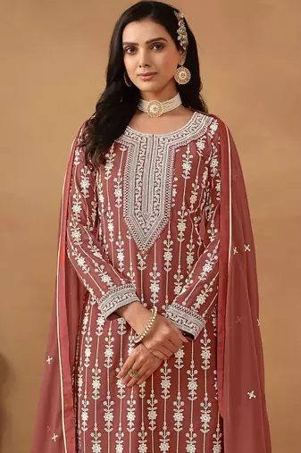 Rose gold georgette embroidery & sequins semi stitched suit size up to 42