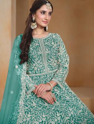 Turquoise net embroidery & sequins semi stitched suit size up to 42 2
