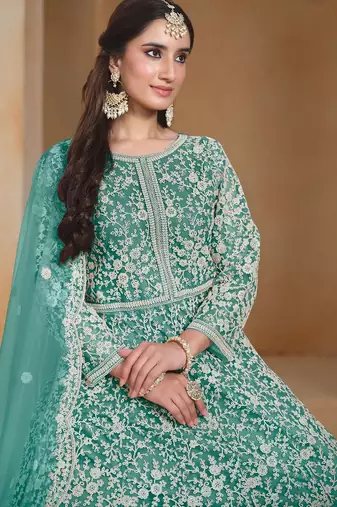 Turquoise net embroidery & sequins semi stitched suit size up to 42