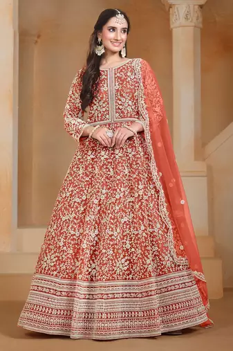Coral net embroidery & sequins semi stitched suit size up to 42