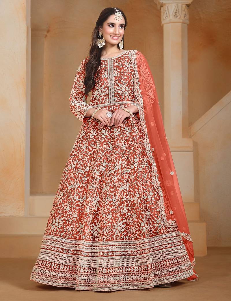 Coral net embroidery & sequins semi stitched suit size up to 42