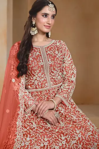 Coral net embroidery & sequins semi stitched suit size up to 42