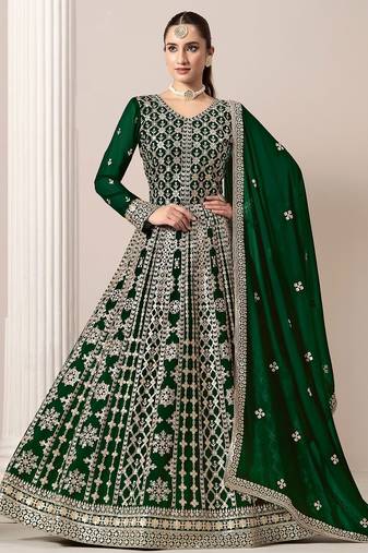 Green georgette embroidery & sequins semi stitched suit size up to 42