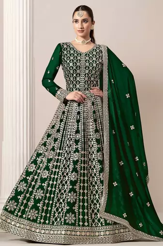 Green georgette embroidery & sequins semi stitched suit size up to 42