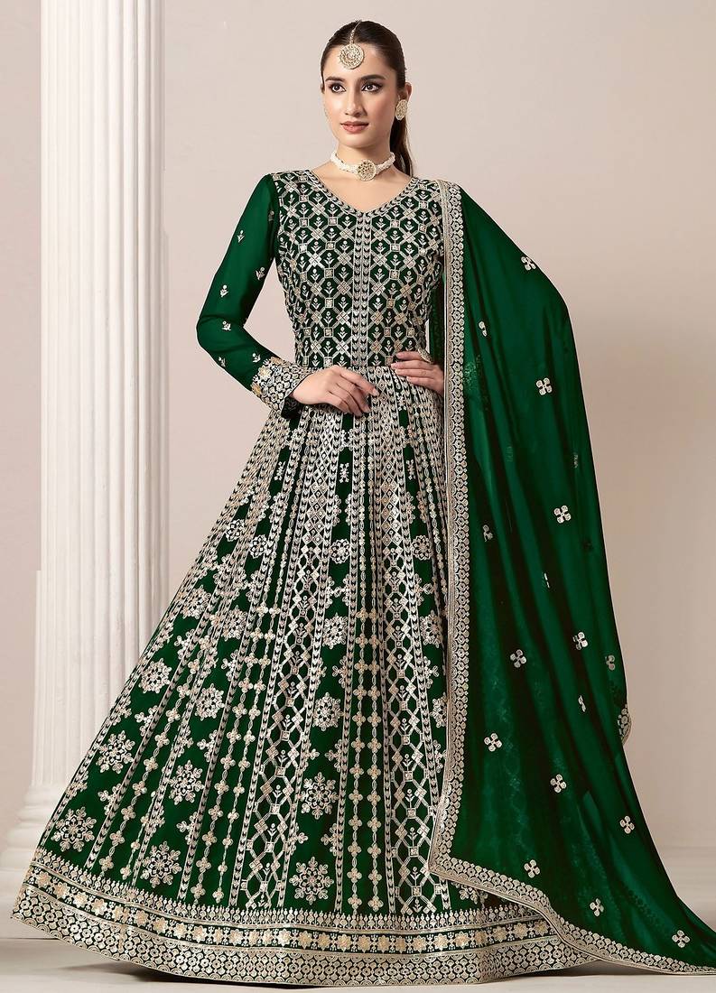 Green georgette embroidery & sequins semi stitched suit size up to 42