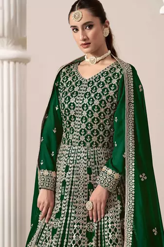 Green georgette embroidery & sequins semi stitched suit size up to 42