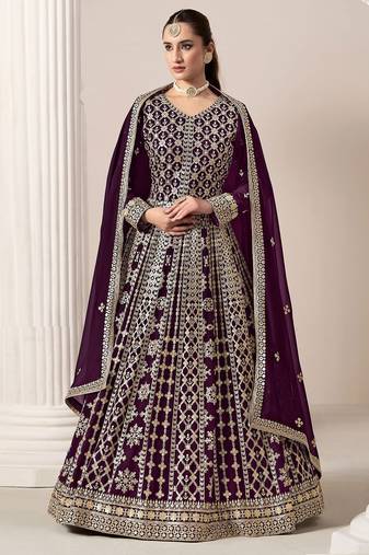 Purple georgette embroidery & sequins semi stitched suit size up to 42