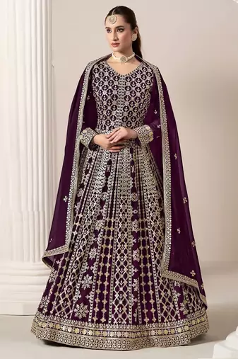 Purple georgette embroidery & sequins semi stitched suit size up to 42