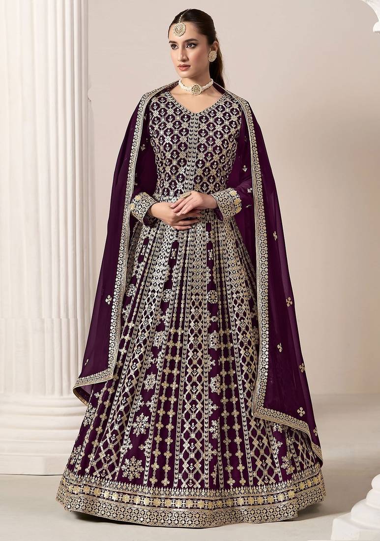 Purple georgette embroidery & sequins semi stitched suit size up to 42