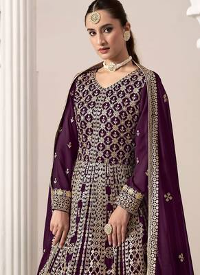 Purple georgette embroidery & sequins semi stitched suit size up to 42 2