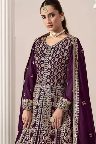 Purple georgette embroidery & sequins semi stitched suit size up to 42