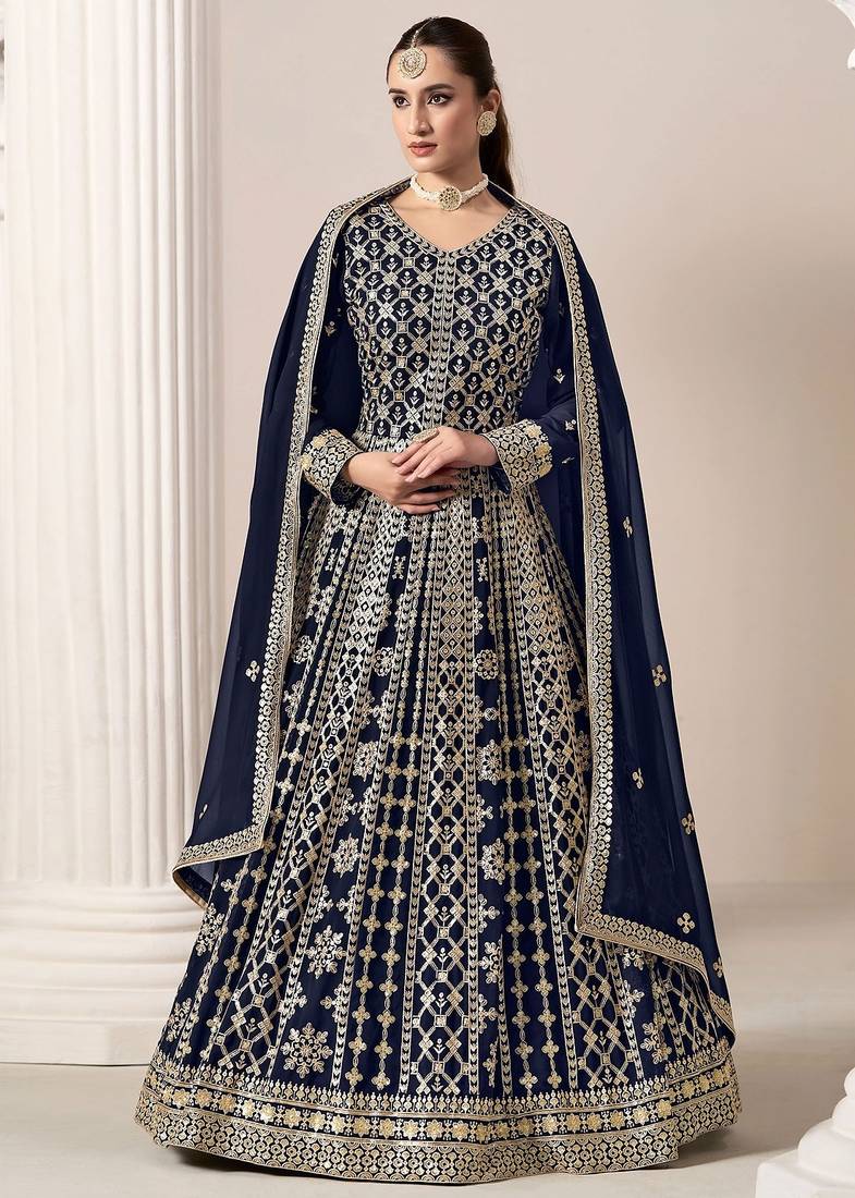 Blue georgette embroidery & sequins semi stitched suit size up to 42