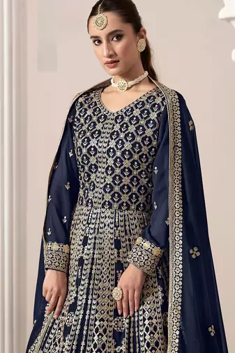Blue georgette embroidery & sequins semi stitched suit size up to 42