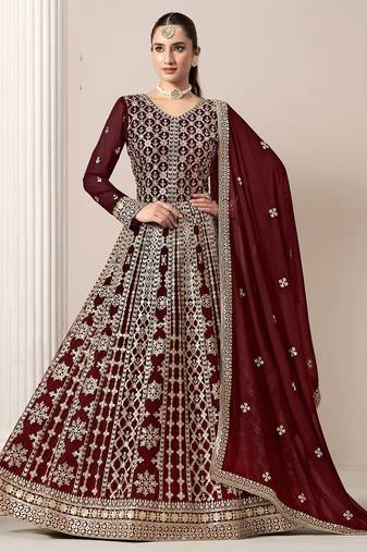 Maroon georgette embroidery & sequins semi stitched suit size up to 42